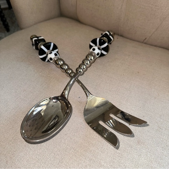 Mud Pie Serving Set Salad Utensils Metal Spoon Fork Art Glass Bead Handle MCM LG - Picture 4 of 13